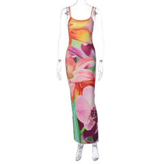 Flower Print Contrast U Neck Backless Slit Cami Maxi Dress