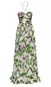 Floral Halterneck Maxi Dress In Green