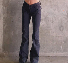Indie Aesthetics Slim Low Waist Flare Pants E-Girl Vintage Pockets Solid Y2K Pants Autumn 90S Fashion Black Trousers