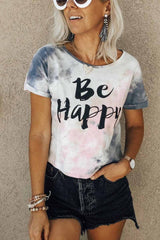 Cityhottie Letter-Print Tie-Dye Short-Sleeved T-Shirt