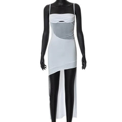 Solid Irregular Hollow Out Mesh Backless Cami Mini Dress