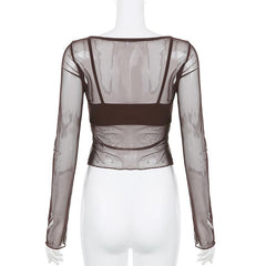 Mesh Long Sleeve Self Tie Ruffle Square Neck Cami 2 Piece Crop Top