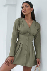 V-Neck Fold Waist Button Shirt Dress