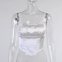 Pleated Square Neck Satin Solid Cami Top