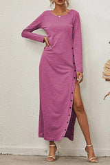 Solid Buckle Slit O Neck A Line Dresses(8 Colors)