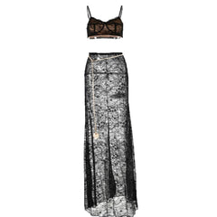 Lace See Through V Neck Contrast Cami Maxi Skirt Set