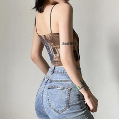 Contrast Print Spaghetti Strap Square Neck Cami Crop Top