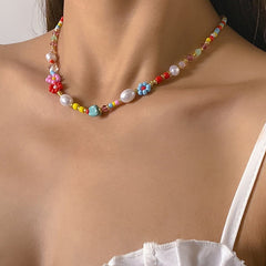 Beaded Multicolor Faux Pearl Flower Clay Choker Necklace
