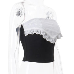Backless Zip-Up Contrast Lace Patchwork Ruched Tube Top