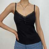 Ribbed Solid Lace Hem V Neck Button Backless Cami Top