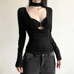 Cowl Neck Solid Long Sleeve Ruched Choker 2 Piece Cami Top