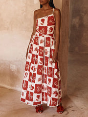 Floral Trim Unique Printed Graceful One Shoulder Flared Maxi Dress