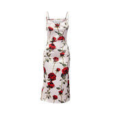 Rose Flower Print Satin Contrast Cowl Neck Backless Zip-Up Cami Midi Dress