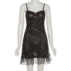 Mesh Ruffle Backless Flower Embroidery Contrast Cami Mini Dress