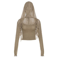 Ruffle Hoodie Self Tie Solid Long Sleeve Shrug 2 Piece Cami Crop Top