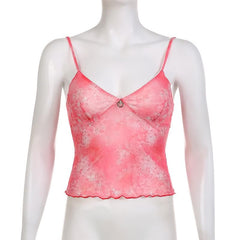 Sheer Mesh See Through V Neck Flower Print Ruffle Cami Crop Top