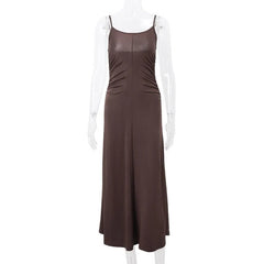 Solid Ruched U Neck Backless Cami Maxi Dress