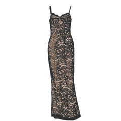 Lace Contrast Zip-Up Backless Slit Cami Maxi Dress