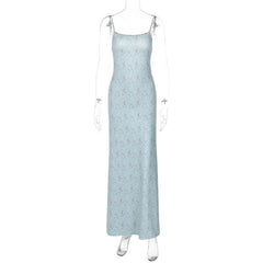 Flower Print Square Neck Contrast Backless Cami Maxi Dress
