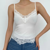 Ribbed Hem Lace V Neck Solid Cami Top