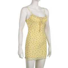Ruched Mesh Ruffle Self Tie Flower Print Cami Mini Dress