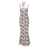 Flower Print Contrast Halter Cross Back Cami Maxi Dress