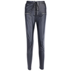 Leather Pant Faux Pu Pencil Pant Lace Up High Waist Bandage Slim Skinny Zipper Streetwear Autumn Casual Trousers Women