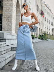 Raw Hem Midi Denim Skirt