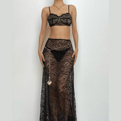 Lace See Through V Neck Contrast Cami Maxi Skirt Set