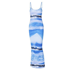 Ribbed Contrast Print Backless U Neck Cami Maxi Dress