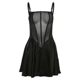 Mesh Solid See Through Ruffle Backless Cami Mini Dress