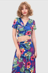 V-Neck Tied Back Leaf Print Two-Piece Dress