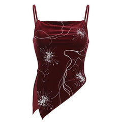 Velvet Cowl Neck Contrast Print Slit Irregular Cami Top