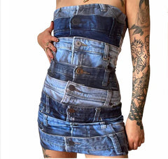 Printed Denim Strappy Dress