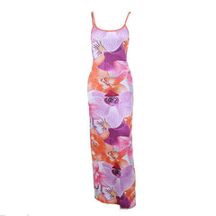 Flower Print Contrast Backless Slit Square Neck Cami Maxi Dress
