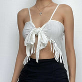 Irregular Backless Tassels Self Tie Solid Cami Crop Top - Final Sale