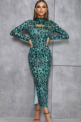 Hollow Leopard Print Thin Body-Fitting Long Bandage Dress