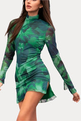 Mesh Printed Long-Sleeved Slim Dress