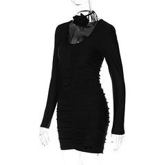 Ruched Long Sleeve Flower Applique U Neck Solid Mini Dress