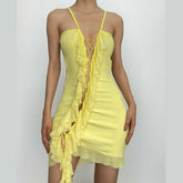 Lace Up Ruffle Hollow Out Backless Cami Mini Dress