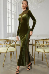 Velvet Splicing Mesh Slim Long-Sleeved Dress