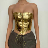 Backless Corset Metallic Lace Up Self Tie Tube Top