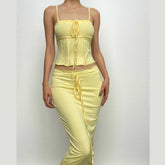 Ruffle Backless Drawstring Corset Solid Cami Midi Dress
