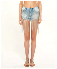 Long Tassel High Waist Drill Chain Denim Shorts