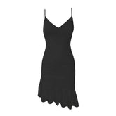 V Neck Ruffle Backless Irregular Solid Cami Dress