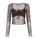 Mesh Long Sleeve Self Tie Ruffle Square Neck Cami 2 Piece Crop Top