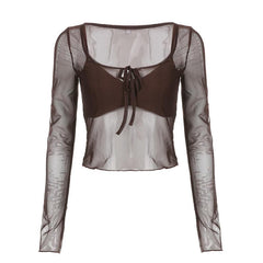 Mesh Long Sleeve Self Tie Ruffle Square Neck Cami 2 Piece Crop Top