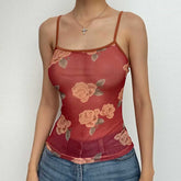 Contrast Flower Print Mesh Square Neck Cami Top