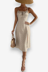 Pleated Backless Lace-Up Slit Midi Dress
