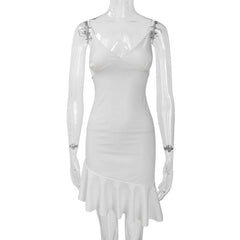 V Neck Ruffle Backless Irregular Solid Cami Dress